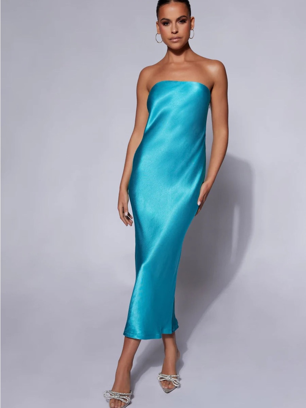 Meshki Tyler Strapless Satin Midi Dress in Teal Cyan Blue Turquoise Cocktail L